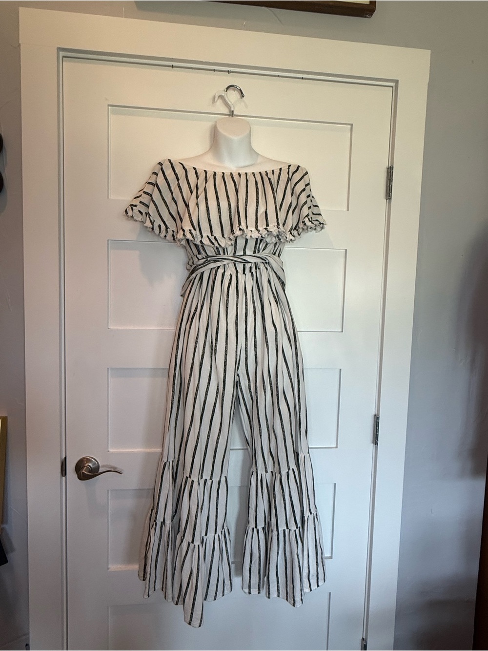 Umgee Striped Off-Shoulder Wide-Leg Jumpsuit in White and Black